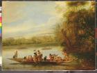 A landscape with a crowded ferry crossing the water in the foreground (oil on canvas)