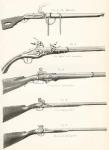 Early types of firearms. 1. The Matchlock 2. The Wheel lock arquebus 3. Snaphaunce fowling piece 4. Flint fowling piece 5. Percussion fowling piece. From The National Encyclopaedia, published c.1890.