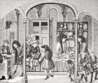 Shops under a Covered Market, after a miniature in a 14th century translation of Aristotle's 'Ethics and Politics' by Nicolas Oresme (c.1323-82) from 'Le Moyen Age et La Renaissance' by Paul Lacroix (1806-84) published 1847 (litho)
