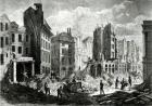 Construction of the Boulevard de Sebastopol (now the Boulevard du Palais), in the Second Empire. View of the demolition of the Rue de la Barillerie in 1859, pub. by Henry Duff Linton (1815-99) (engraving) (b/w print)