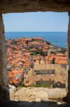 View over rooftops of the old town from the Minceta Tower, with boats in the Old Port, Dubrovnik, Croatia (photo)