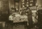 Mrs. Mette and her children (Josephine 13, Nicholas 6 and Johnnie 8 earning altogether only 40-50 cents a day) making flowers in a dirty New York tenement, 1911 (b/w photo)