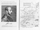 Abraham Ortel Oretelius (1527-98) and his world map of 1569, illustration from 'Narrative and Critical History of America', pub. in 1886 (engraving) (b/w photo)