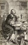 Nicholas Ridley writing letters in prison whilst awaiting his execution, c.1865 (wood engraving)