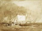 Shipping Scene, with Fishermen, c.1815-20 (brush & brown ink on paper)