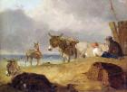 Donkeys and Figures on a Beach (oil on canvas)