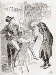 Fledgeby and Mr. Riah in the Counting House. "Perched on the stool with his hat cocked on his head and one of his legs dangling, the youth of Fledgeby hardly contrasted to advantage with the age of the Jewish man, with his bare head bowed, and his eyes on