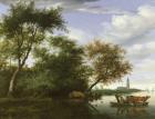 Wooded river landscape with figures and cattle on a ferryboat