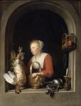 The Dutch Housewife or, The Woman Hanging a Cockerel in the Window, 1650 (oil on panel)