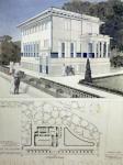 Villa Wagner, Vienna, design showing the exterior of the house, built of steel and concrete in severe geometric style with deep blue panels and nailhead ornament, with below a plan of the house and grounds, 1913 (coloured pencil)