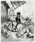 Don Quixote and the Windmills, from 'Don Quixote de la Mancha' by Miguel Cervantes (1547-1616) engraved by Heliodore Joseph Pisan (1822-90) (engraving) (b/w photo)