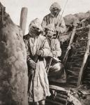 French infantrymen during WWI wearing respirators to protect them against German poison gas, from 'The Illustrated War News', 1915 (b/w photo)