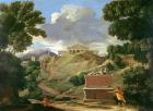 Landscape with classical ruins and Etruscan sarcophagus, c.1634 (oil on canvas)
