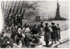 New York - Welcome to the land of freedom - An ocean steamer passing the Statue of Liberty - scene on the steerage deck, illustration from 'Frank Leslie's Illustrated Newspaper', July 2nd 1887 (engraving) (b&w photo)