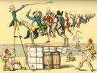 A complex French satirical cartoon from the revolutionary era aimed against English royal family. La Charlatan Politiique ou Le Léopard Apprivoisé, The Political Charlatan or The Leopard Tamed. From a contemporary print.