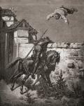 Engraving by Gustave Dore 1832-1883 French artist and illustrator of Sancho Panza being tossed in a blanket from Don Quixote by Miguel de Cervantes Saavedra Part I chapter 16