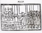 Lighting the Menorah (woodcut) (b/w photo)