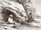 Jules Crevaux, during his exploration of French Guiana in 1878, in the shade of a rock on the banks of the Oyapock or Oiapoque River (engraving)
