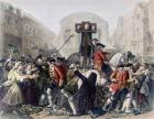 View of Daniel Defoe (1660-1731) in the pillory at Temple Bar surrounded by a crowd (coloured engraving) (see also 230551)