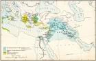 Map of the Assyrian Empire and the region around the eastern Mediterranean, 750 - 625 B.C. From Historical Atlas, published 1923.