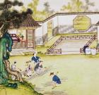 Gathering bamboo to make paper (coloured engraving)