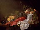 Still life of fruit and a lobster on a cloth-draped table (oil on canvas)