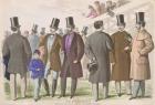 Parisian advertisement for fashionable masculine clothing, 1865 (colour litho)