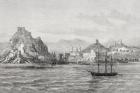 Insurgent ship visiting Aguilas Murcia Province with requisitions during Third Carlist War, from 'The Illustrated London News', 4th October 1873 (litho)