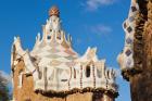 Barcelona, Spain. Detail of pavilion at the entrance to Parc Güell. UNESCO World Heritage Site.