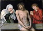 Christ as the Man of Sorrows with the Virgin and St. John (oil on panel)