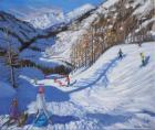 Shadow of a fir tree,and skiers Tignes.2014,(oil on canvas)