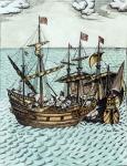 A Spanish Treasure Ship Plundered by Francis Drake (c.1540-96) in the Pacific (engraving) (later colouration)