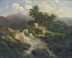 Forest Landscape with Waterfall (oil on canvas)