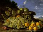 Still life with plate of grapes, peaches, pears and plums in a landscape, c.1771 (oil on canvas)