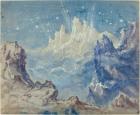 Fantastic Mountainous Landscape with a Starry Sky (watercolour and gouache on gray-blue wove paper)