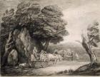 Wooded Landscape with Carts and Figures (etching on paper)