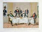 Dinner in Tilsit between Frederick William III of Prussia, Tsar Alexander I of Russia and Napoleon, who raises a toast to the Queen of Prussia, 3rd June 1807 (colour litho)