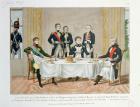 Dinner in Tilsit between Frederick William III of Prussia, Tsar Alexander I of Russia and Napoleon, who raises a toast to the Queen of Prussia, 3rd June 1807 (colour litho)