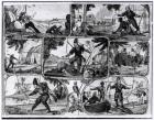 Scenes from 'Robinson Crusoe' by Daniel Defoe (1660-1731) (engraving) (b/w photo)