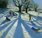 Winter Tree, Snow Sledgers, Calke Abbey, Derby (oil on canvas)