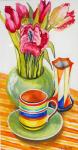 Striped Cup with Saucer, Vase and Tulips, (watercolour)