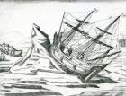Sailing ship stranded on Iceberg, Illustration from 'India Orientalis' 1598 (engraving)