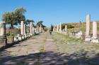 Asklepieion (also spelled Asclepieion, Asclepion, Asklepion, Asclepeion), near Bergama, Izmir Province, Turkey. A visitor strolls along the main street, known as the Sacred Way, which leads to and from the ancient medical centre.