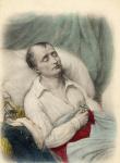 Napoleon I on his death bed holding the Cross of the Legion of Honour to his heart, St. Helena, 1821 (colour litho)