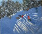 Falling off the Sledge, Morzine (oil on canvas)