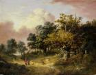 Wooded Landscape with Woman and Child Walking Down a Road (oil on panel)