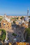 Barcelona, Spain. Pavilions at the entrance to Parc Güell. Guell Park was designed by Antoni Gaudi and is a UNESCO World Heritage Site.