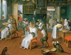 Barber's shop with Monkeys and Cats (oil on copper)