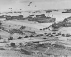 Bird's-eye view of landing craft, barrage balloons, and allied troops landing in Normandy, France on D-Day, 6th June, 1944 (gelatin silver print)