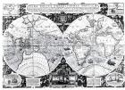 World map; Vera Totius Expeditionis Nauticae, charting the circumnavigation of the globe by (left) Sir Francis Drake (1540-96) and (right) Thomas Cavendish (1560-92) c.1595 (engraving) (b/w photo)